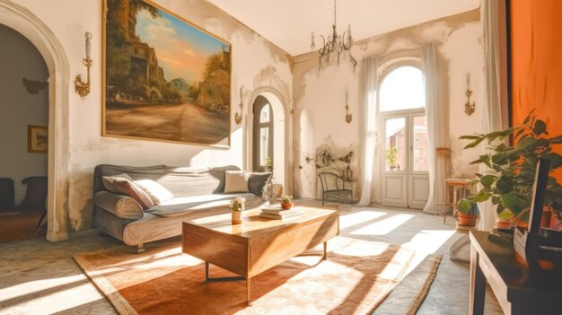 Jasne wnętrze luksusowego przytulnego salonu z eleganckimi miękkimi beżowymi meblami w słońcu Generative AI AIG27