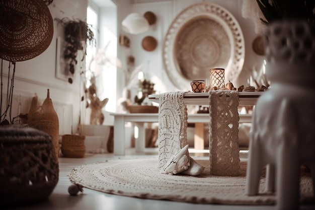 Jasne wnętrze pokoju w stylu boho Neutralny czeski wystrój w salonie wiklinowe lampy miękkie meble zielone rośliny i świece Nowoczesne boho AI generowane