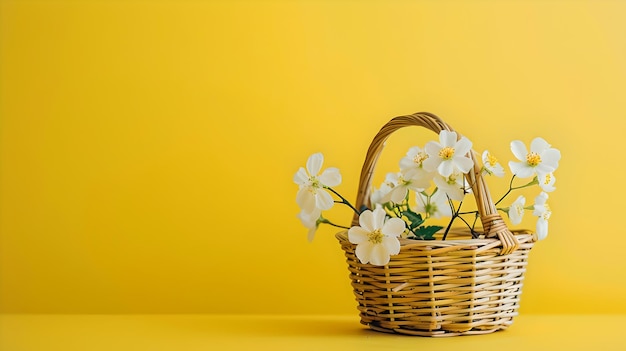 Jasne żółte tło z tkanym koszem i białymi kwiatami Prostota i elegancja w fotografii martwej natury Doskonałe dla wiosennych tematów i reklam AI
