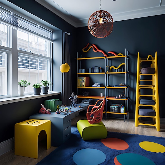 Jasne, żywe kolory w pokoju zabaw dla dzieci wyposażone są w wewnętrzną sztuczną inteligencję generatywną