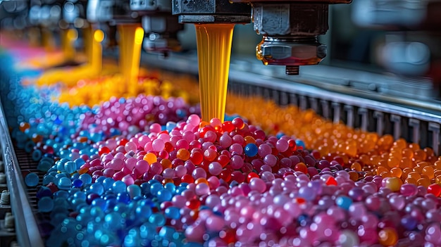 Jasno kolorowe granulki plastikowe topiące się w maszynie do formowania wtryskowego płynny plastik przepływający do form