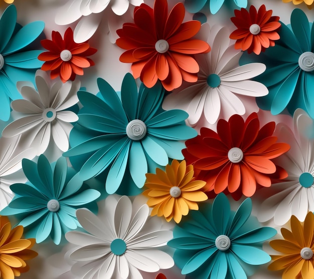 Jasno kolorowe kwiaty papierowe są ułożone na białej powierzchni generatywnej ai
