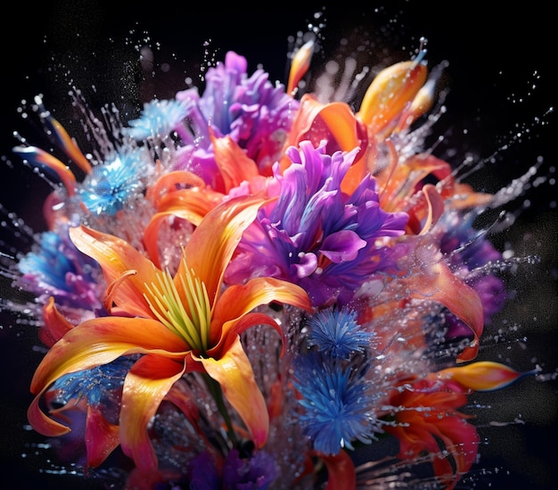 Zdjęcie jasno kolorowe kwiaty są posypane wodą w wazonie generatywnym ai