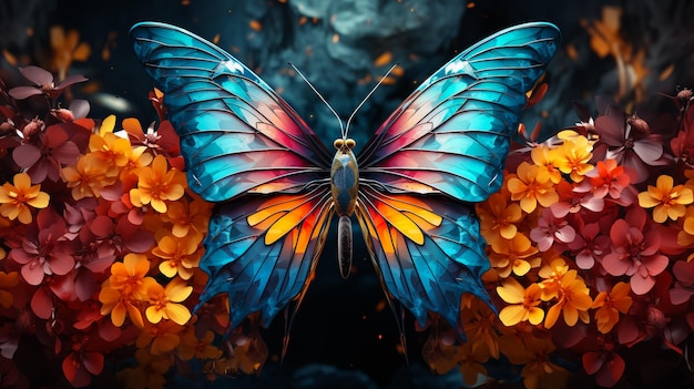 Jasno kolorowe niebieskie motyle morfo na kwiecie w nocy