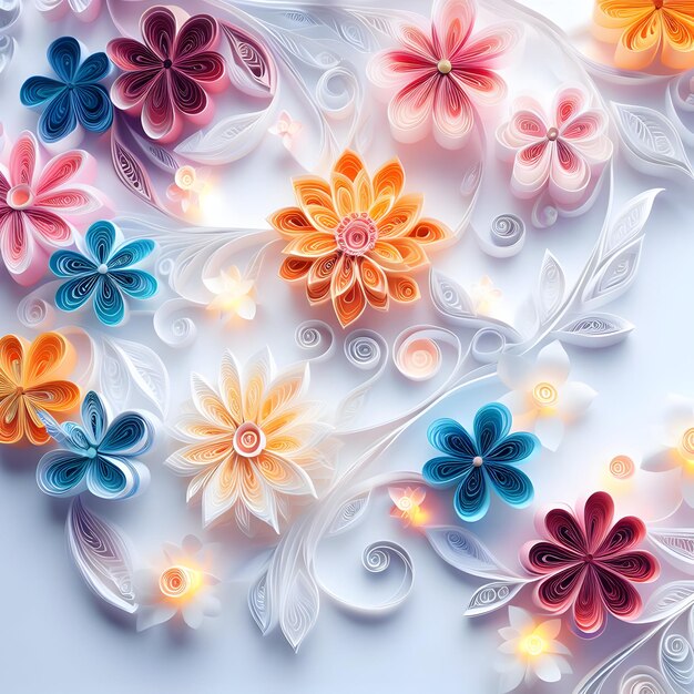 Zdjęcie jasno kolorowe papierowe kwiaty są ułożone na białej powierzchni papieru quilling art generative ai