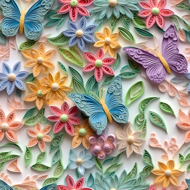 Jasno kolorowe papierowe motyle i kwiaty są ułożone na białej powierzchni generatywnej ai