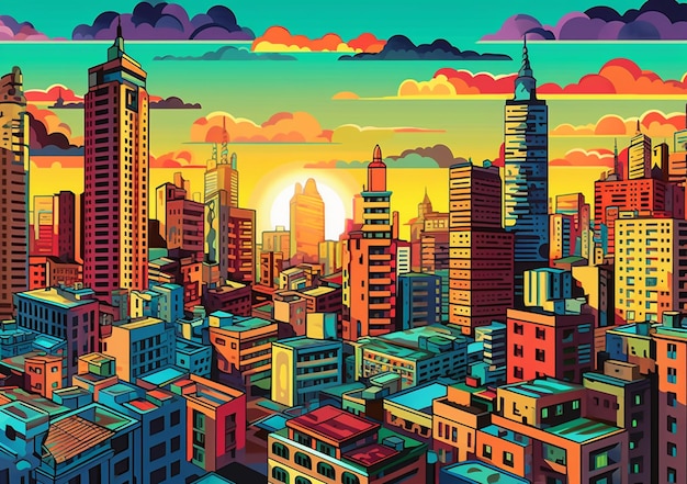 Jasno kolorowy krajobraz miasta z zachodem słońca w tle generatywny ai