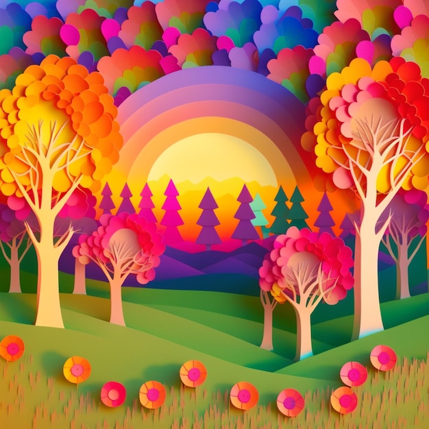 Jasno kolorowy krajobraz z drzewami i kwiatami na pierwszym planie