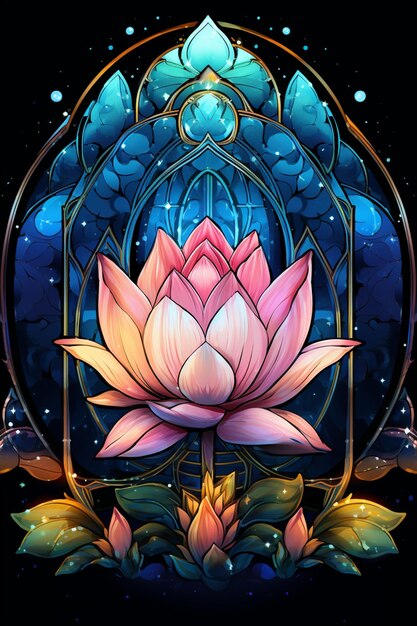 Jasno kolorowy kwiat lotosu w ozdobnej ramce z niebieskim tłem generatywny ai
