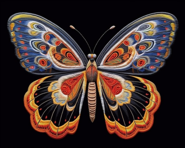 Jasno kolorowy motyl na czarnym tle z czerwonym generatywnym ai