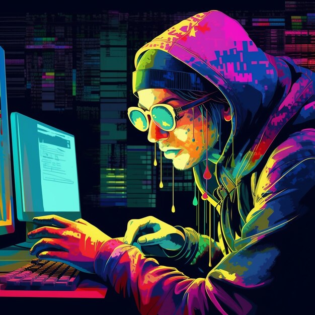Jasno kolorowy obraz mężczyzny w kapturze używającego laptopa generatywnego ai