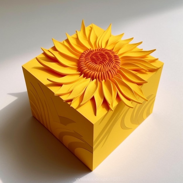 Jasno kolorowy papier słonecznik siedzący w żółtym pudełku na białej powierzchni generatywny ai