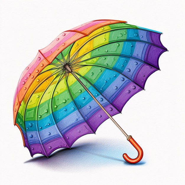 Jasno kolorowy parasol z kroplami deszczu na białym tle generatywny ai