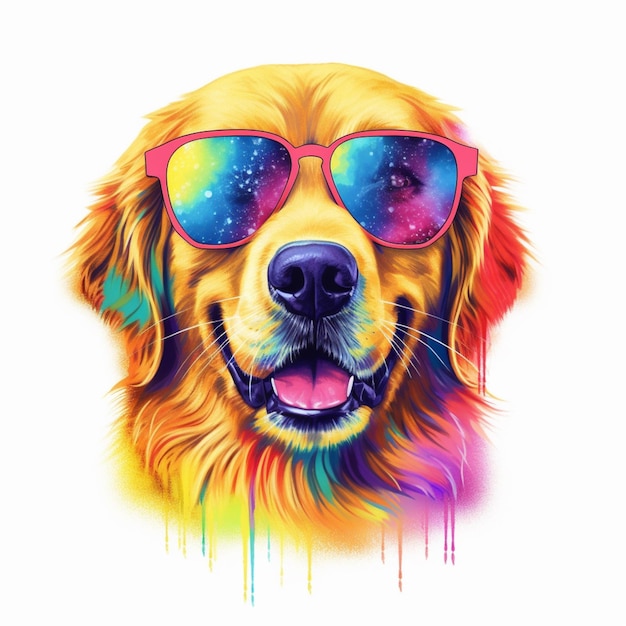Jasno kolorowy pies noszący okulary przeciwsłoneczne z gwiazdami w tle generatywny ai