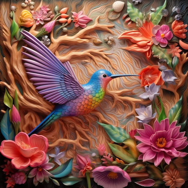 Jasno kolorowy ptak z długimi skrzydłami i kwiatami w ramie generatywny ai
