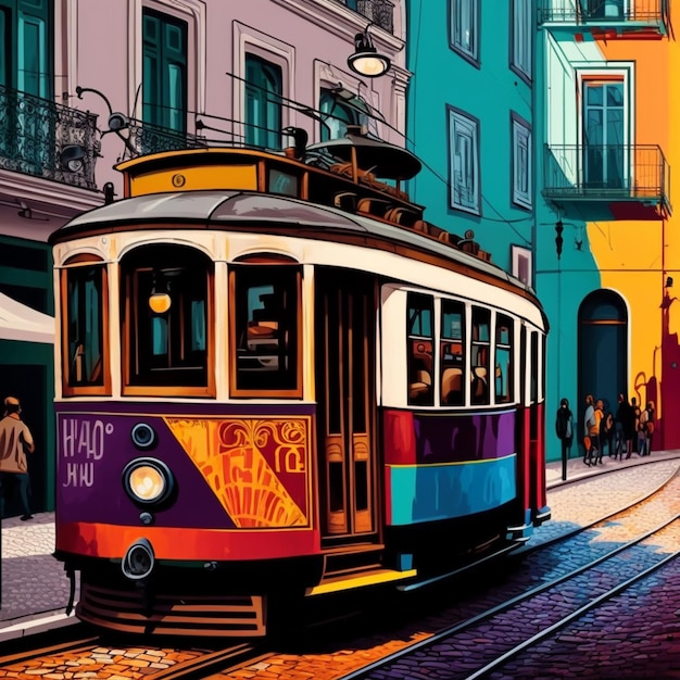 Jasno kolorowy tramwaj na ulicy miejskiej z ludźmi idącymi generatywnymi ai