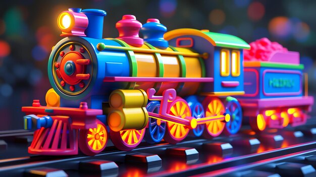 Zdjęcie jasno kolorowy zabawkowy pociąg siedzi na torze pociąg jest niebieski, zielony, żółty i różowy pociąg jest wykonany z plastiku i ma światło na górze