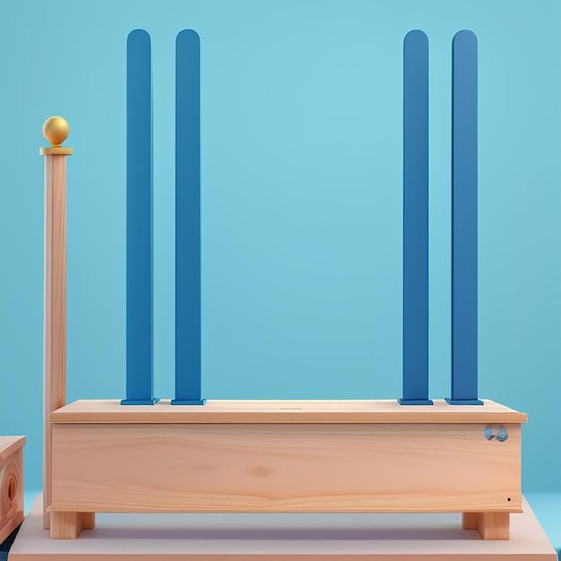 Jasno niebieskie tło z drewnianym podium Na szczycie drewnianego podium znajdują się dwa małe podium, które dodają minimalny dotyk wyświetlaczowi produktu