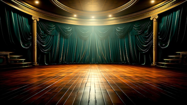 Jasno niebieskie zasłony na scenie, zasłony teatralne i drewniane kwiaty na scenie