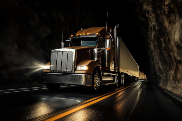 Zdjęcie jasno oświetlona ciężarówka przejeżdżająca nocą przez tunel