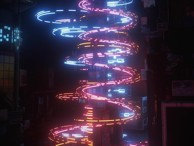 Jasno oświetlona spirala neonów w generatywnym ai ciemnego pokoju