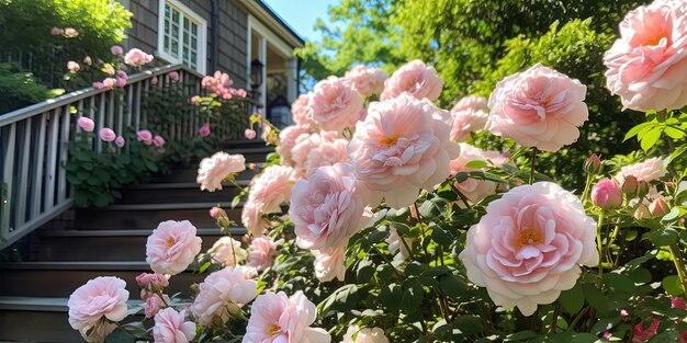 Jasno różowe krzewy ogrodowe w kwitnieniu Morden Blush rasy Marshall