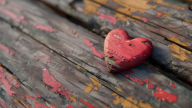 Jasnoczerwone serce na starym drewnie symbolizuje ponadczasową miłość Mimo że jest stare, nadal wygląda świeżo. Po lewej stronie znajduje się miejsce na kopię, na której możesz dodać wiadomości na Walentynki lub prezentację ślubną