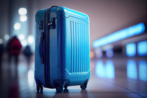 Jasnoniebieska walizka podróżna na lotnisku na rozmytym tle