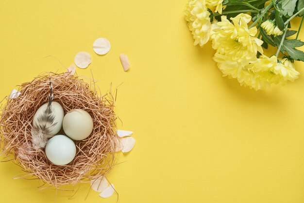 Jasnoniebieskie jajka wielkanocne w białym metalowym pojemniku vintage z piórami, wstążką, żółtymi kwiatami chryzantem i czystym papierem do tekstu na żółtym stole.