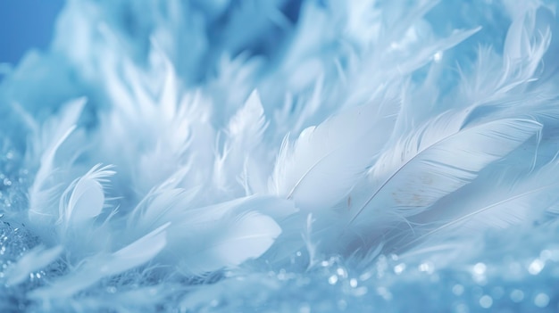 Jasnoniebieskie tło z jednym białym piórkiem w stylu miękkich i marzycielskich pasteli migoczące efekty świetlne inspirowane naturą obrazy fairycore miękkie punkty centralne generują ai