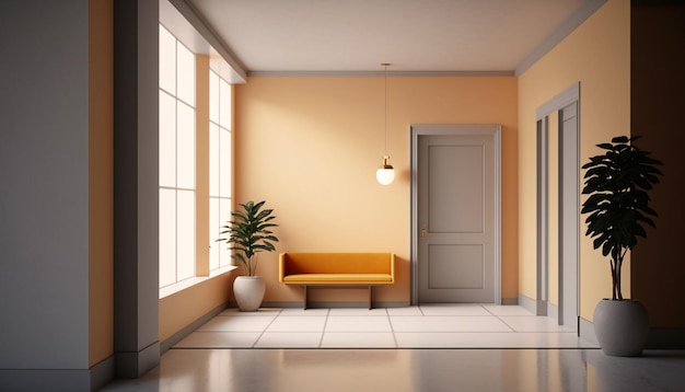 Jasnopomarańczowa makieta wewnętrznego korytarza z pomarańczowymi drzwiami Generative AI