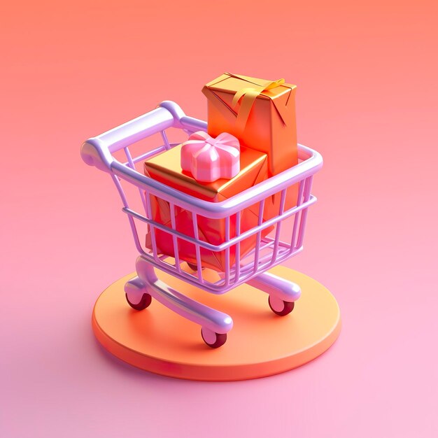 Jasnopomarańczowy i różowy wózek na zakupy z ikoną pudełka na prezenty AI Generative