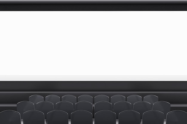 Zdjęcie jasnoszare audytorium z miejscami do siedzenia i pustym ekranem z makietą miejsca na reklamę pokaż premierę i koncepcję rozrywki renderowanie 3d