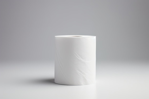 Jasnoszare tło przedstawia miękką białą rolkę papieru toaletowego na obrazie przedstawiającym higienę