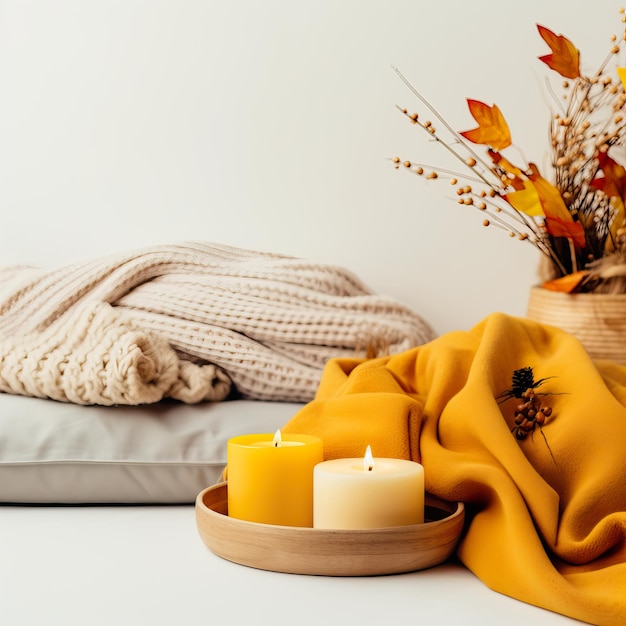 Jasnożółta i biała przytulna jesienna aranżacja wnętrz z jesiennymi dekoracjami domu