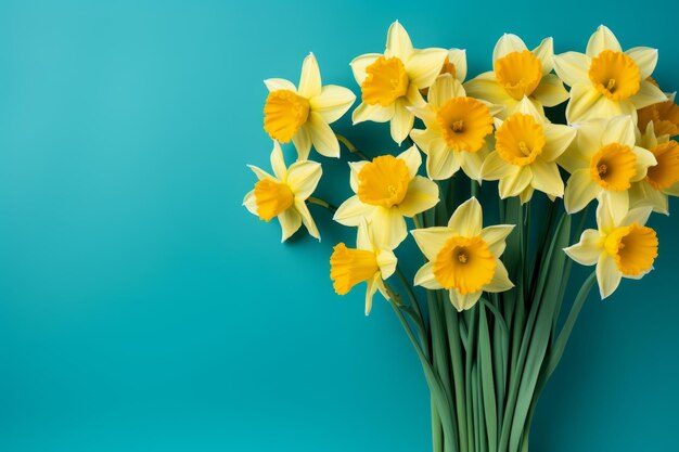Zdjęcie jasnożółte narcyzy na spokojnym niebieskim tle kwiat wiosenny i elegancka kwiatowość