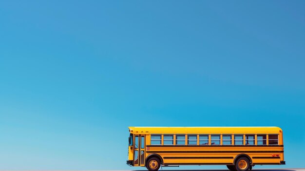 Jasnożółty autobus szkolny na tle jasnego niebieskiego nieba symbolizujący edukację