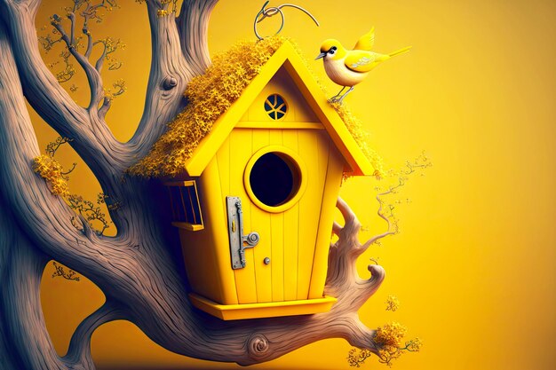 Jasnożółty domek dla ptaków z otwartymi drzwiami na gałęzi