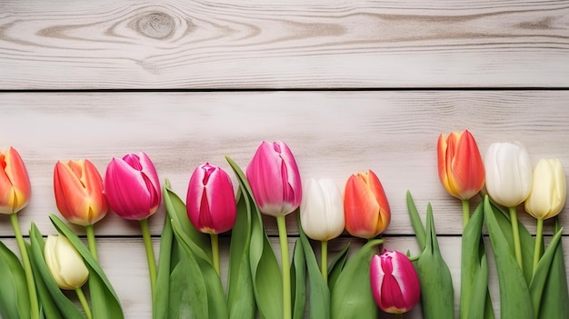 Jasny bukiet różowych tulipanów ułożonych na drewnianym stole to idealny prezent na każdy dzień matki lub uroczystość wielkanocną