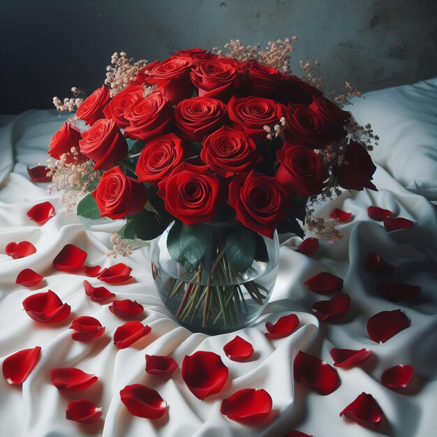 Zdjęcie jasny bukiet świeżych czerwonych róż w przezroczystej szklanej wazonie na eleganckiej białej tkaninie