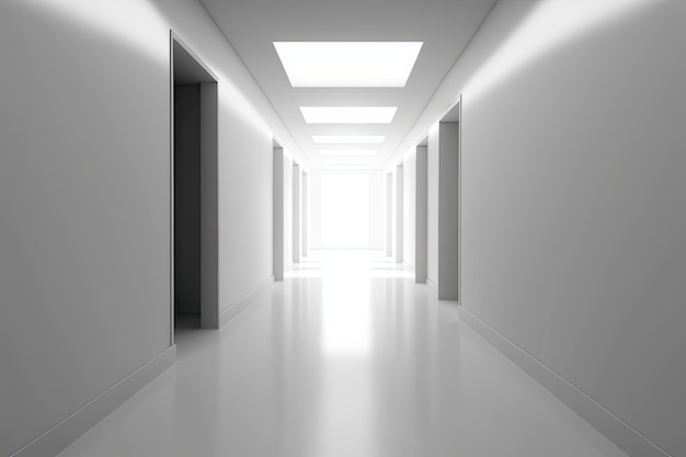 Jasny i przestronny korytarz z naturalnym światłem na końcu Generative AI