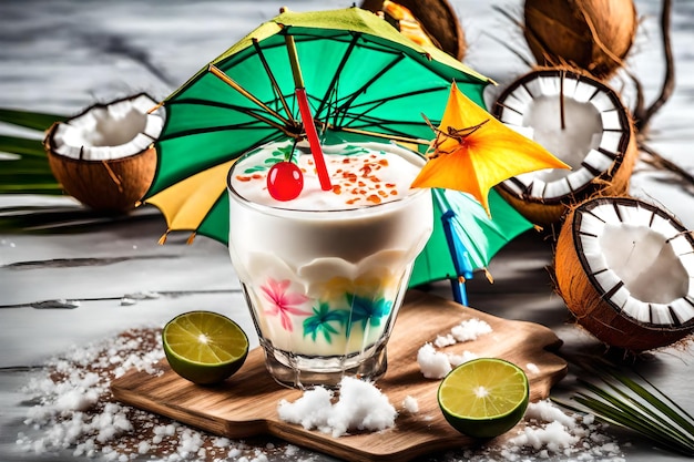 Jasny koktajl ozdobiony parasolem i mleko kokosowe z słomą