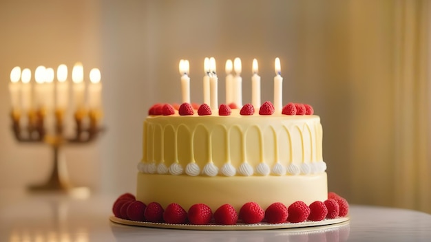 Jasny kolor tort urodzinowy z jagodami pionowa kopia przestrzenna świece błyszczące tło karty powitalnej