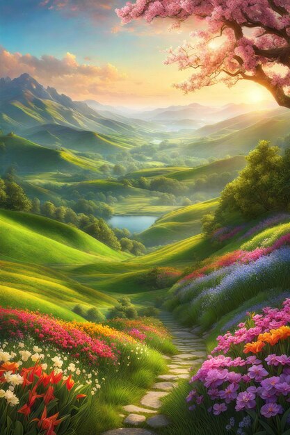 Zdjęcie jasny krajobraz wiosny ilustracja magicznej doliny ai wygenerowany