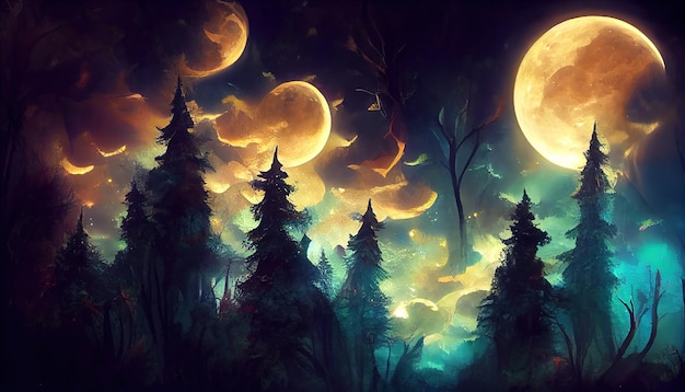 Jasny księżyc nad magicznym ciemnym bajkowym lasem w nocy