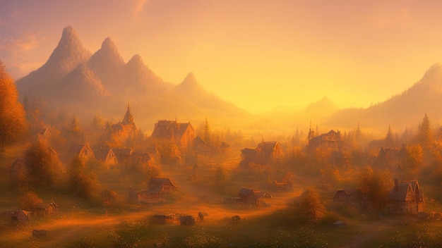 Jasny mglisty wschód słońca w górskiej wiosce