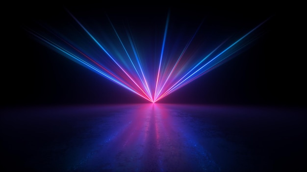 Jasny projektor świeci na ciemnej pustej scenie świecące różowo-niebieskie promienie laserowe w ciemności