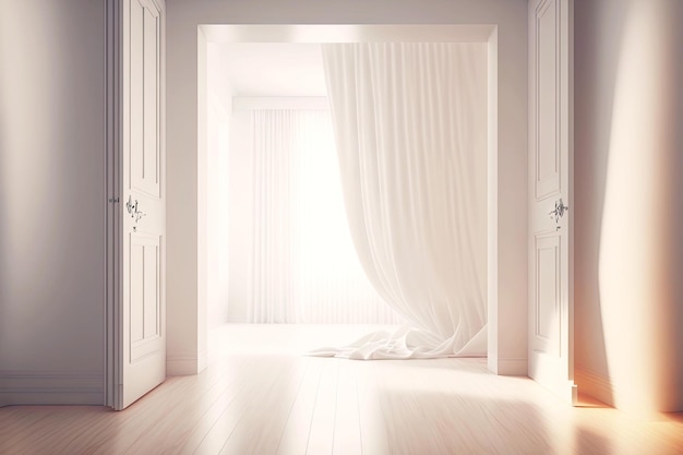 Jasny renderujący 3d minimalny pokój z białą zasłoną na drzwiach i lekką drewnianą podłogą generatywną ai