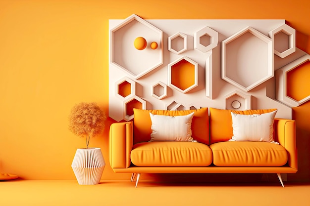 Jasny renderujący 3d minimalny pokój z dekoracją na pomarańczowej ścianie i miękką sofą generatywną ai