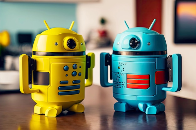 Jasny robot z Androidem odkurza kubki z Androidem na stole generatywnym AI